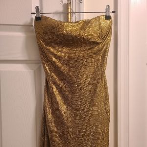 Gold strapless mini party dress